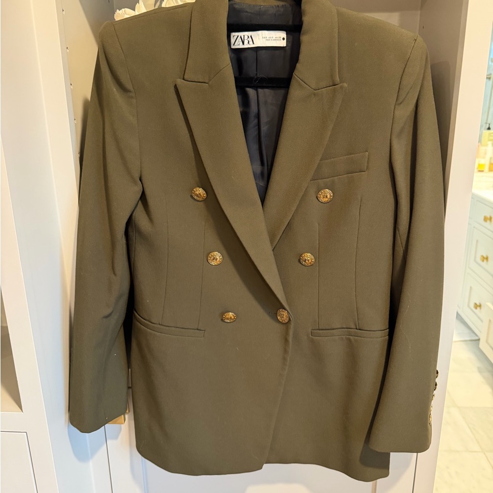 Zara Khaki Double-Breasted Blazer with Gold Buttons